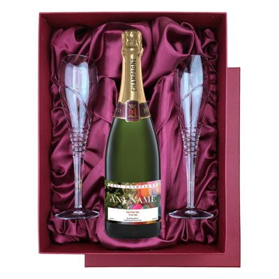 Personalised Champagne - Xmas 1 Label in Red Luxury Presentation Set With Flutes
